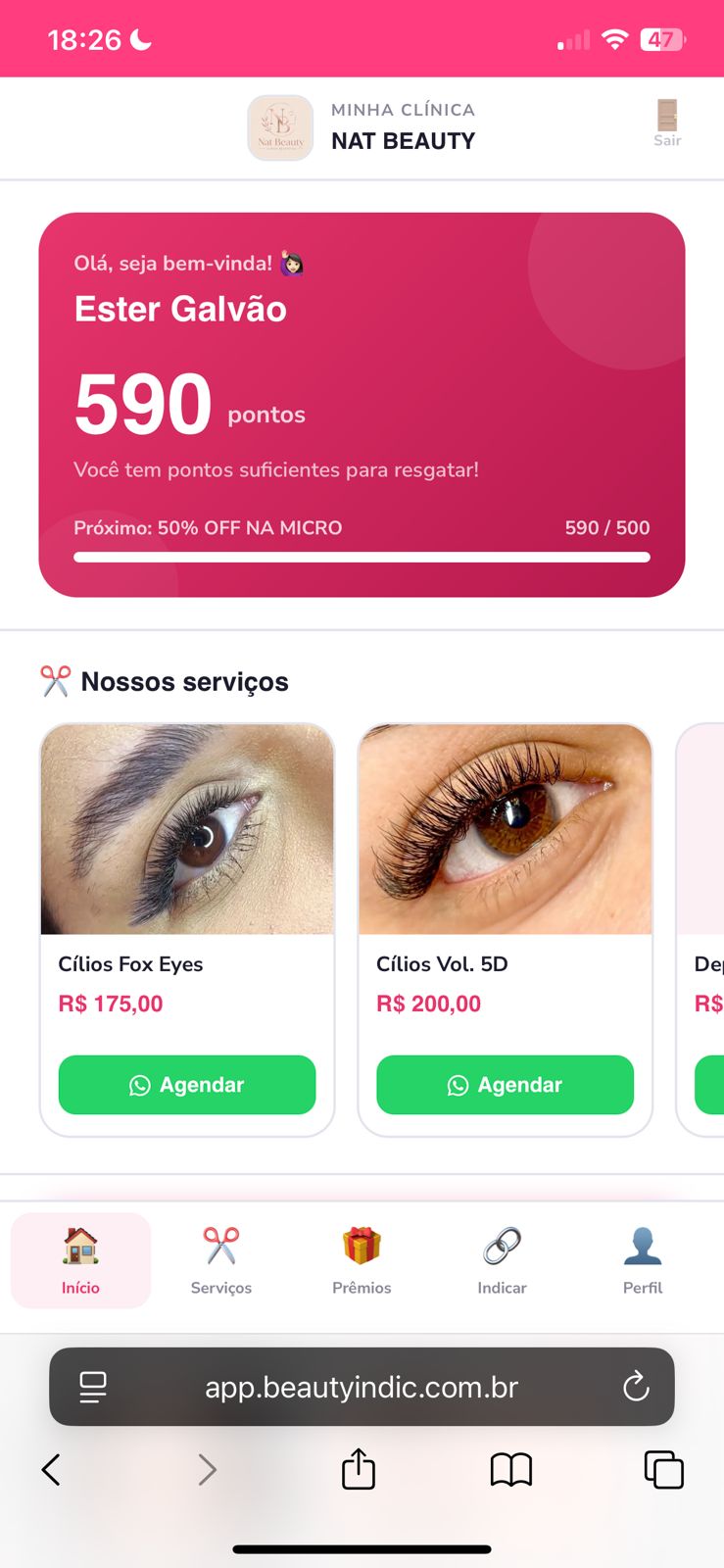 Portal do cliente Beauty Indic — serviços da clínica