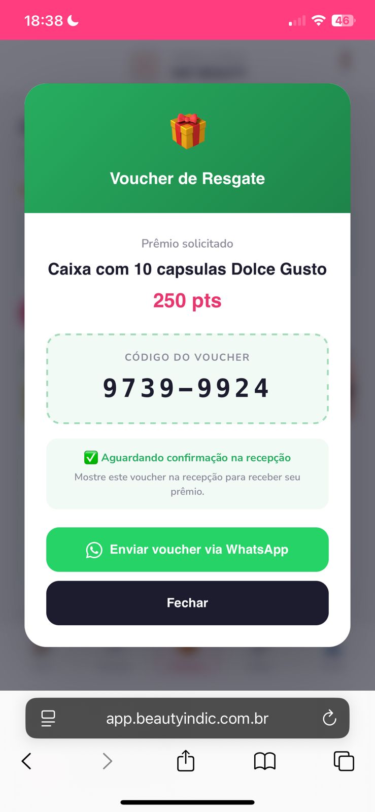 Voucher de resgate de prêmio no celular